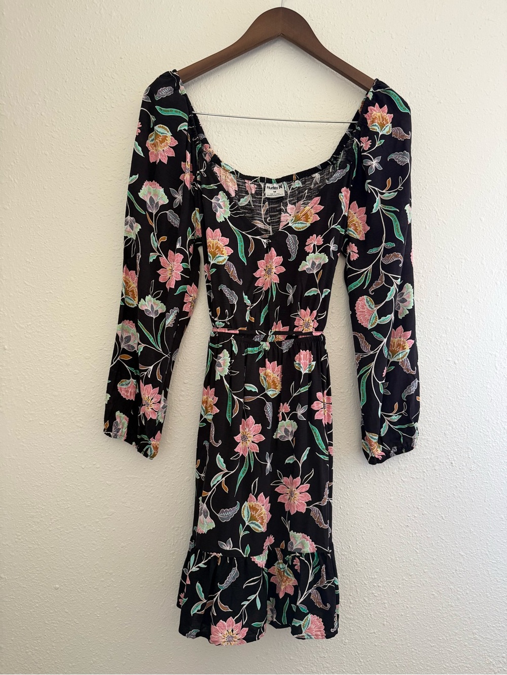 Hurley Black Floral Long Sleeve Mini Dress Tie Back Size M